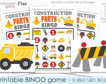Construction Bingo Printable Party Game- 30 Bingo Cards - Construction Truck Bingo Birthday Game- Construction Party Game - Instant Download
