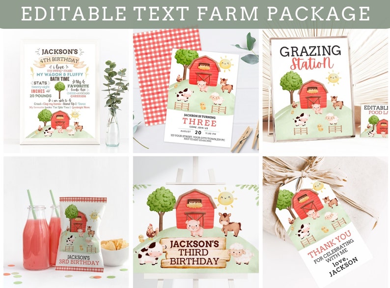 Printable Farm Party Package Barnyard Party Invitation & Decorations Editable Farm Invitation Editable Signs, Tent Cards, Favor Tag image 1