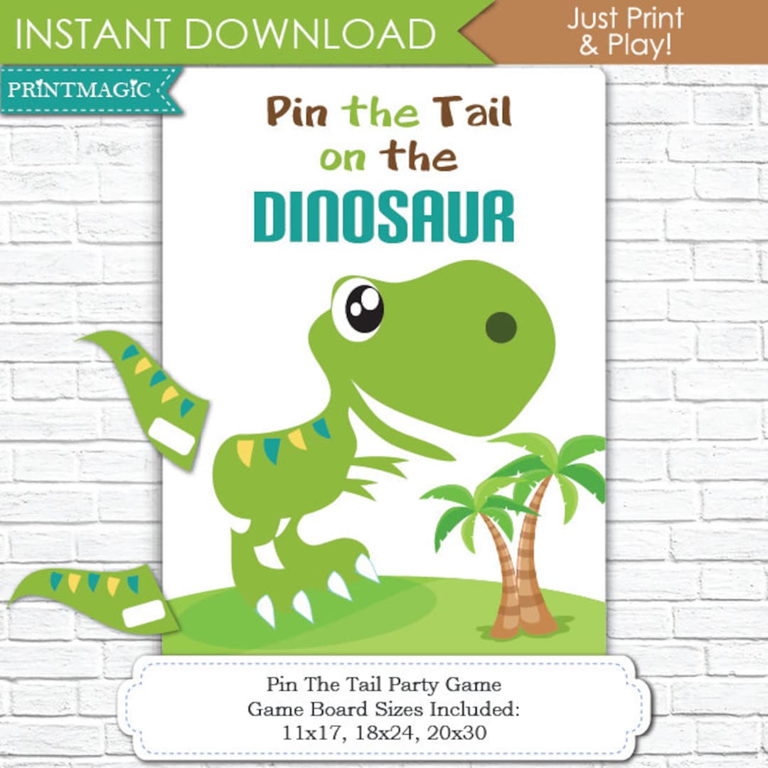 2017 Birthday Party Game PIN THE TAIL ON THE DINOSAUR T Rex for 12