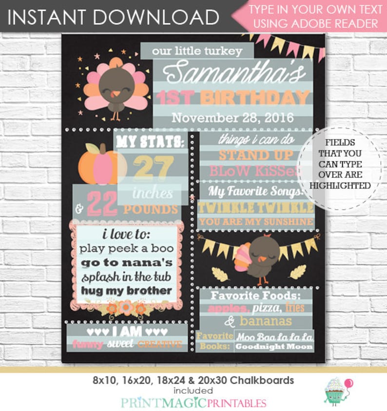 Download /& Personalize in Adobe Reader Pink Our Little Turkey Thanksgiving Birthday Chalkboard Girl Fall 1st Birthday Chalkboard