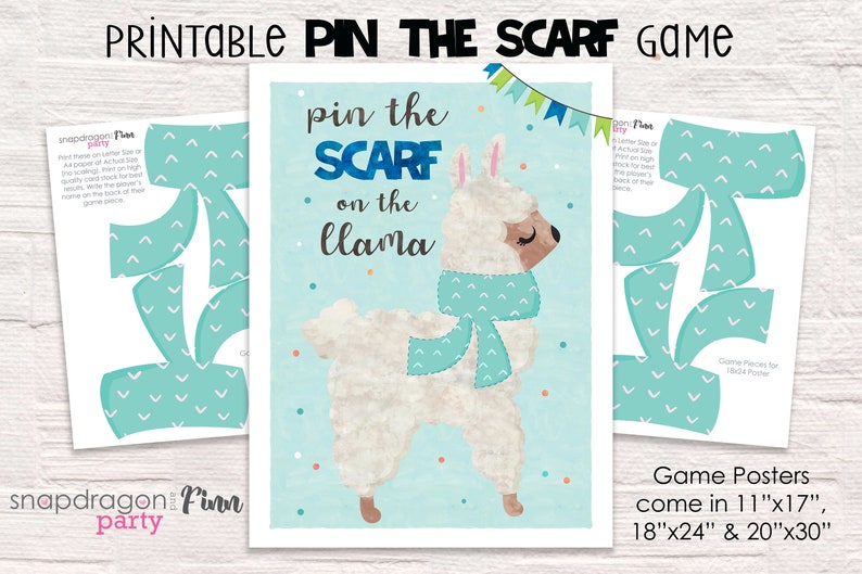 Blue Pin the Scarf on the Llama Printable Party Game 3 Poster Sizes Llama Birthday Party Game Winter Party Game Instant Download image 1