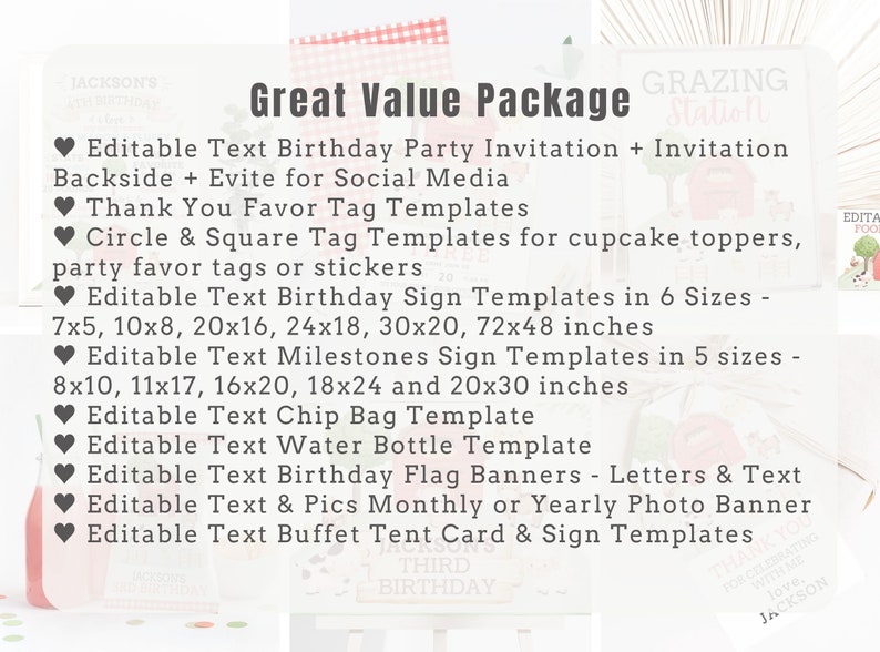 Printable Farm Party Package Barnyard Party Invitation & Decorations Editable Farm Invitation Editable Signs, Tent Cards, Favor Tag image 9