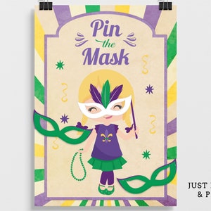 Pin the Mask Mardi Gras Printable Party Game 3 Sizes Included 4 Different Options Included Mardi Gras Game Mardi Gras Party image 5
