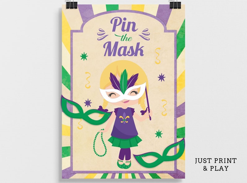 Pin the Mask Mardi Gras Printable Party Game 3 Sizes Included 4 Different Options Included Mardi Gras Game Mardi Gras Party image 5