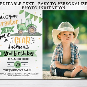 Green Yellow Tractor Photo Invitation, Editable Farm Party Invitation, Tractor Invitation, Farm Thank You & Evite Included, Tractor Birthday