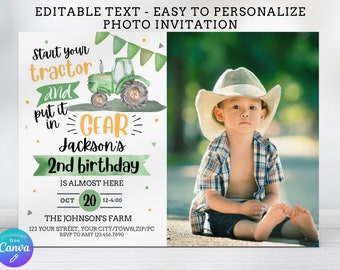 Green Yellow Tractor Photo Invitation, Editable Farm Party Invitation, Tractor Invitation, Farm Thank You & Evite Included, Tractor Birthday