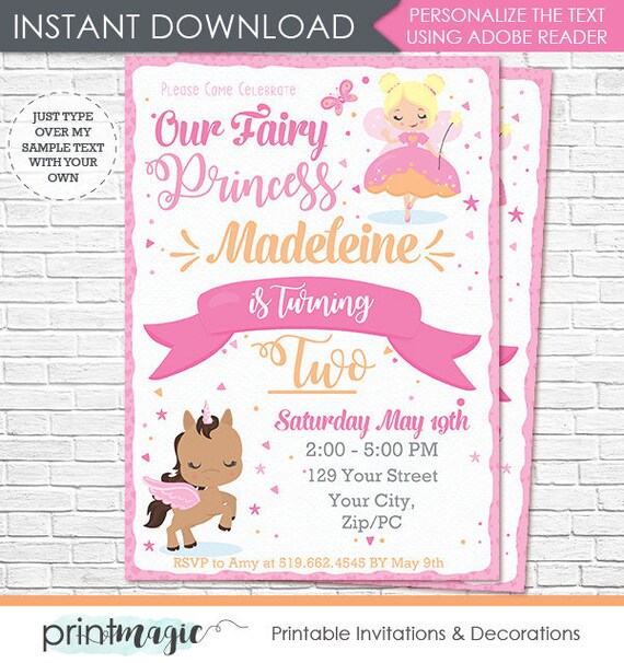 blonde fairy princess invitation fairy and unicorn birthday invitation unicorn invitation download personalize in adobe reader fairy princess invitations