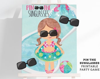 Pin the Sunglasses Printable Party Game - 3 Poster Sizes - Pool Party Game - Summer Birthday Party Game - Hair Colors Options Included