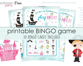 Pirate & Princess Bingo Printable Party Game - 30 Bingo Cards - Princess and Pirate Birthday Party Game - Instant Download