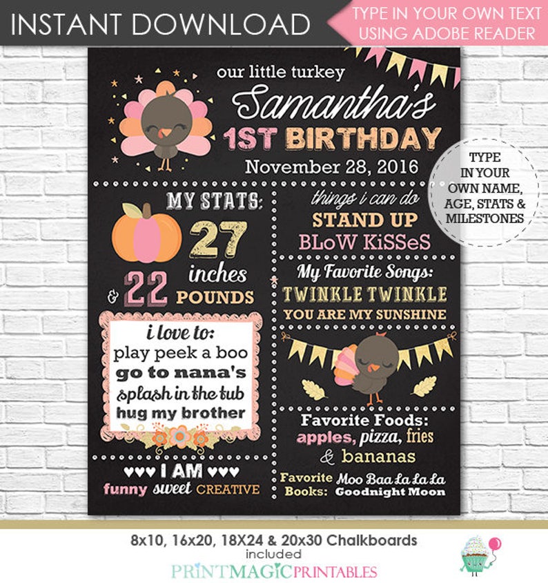Download /& Personalize in Adobe Reader Pink Our Little Turkey Thanksgiving Birthday Chalkboard Girl Fall 1st Birthday Chalkboard