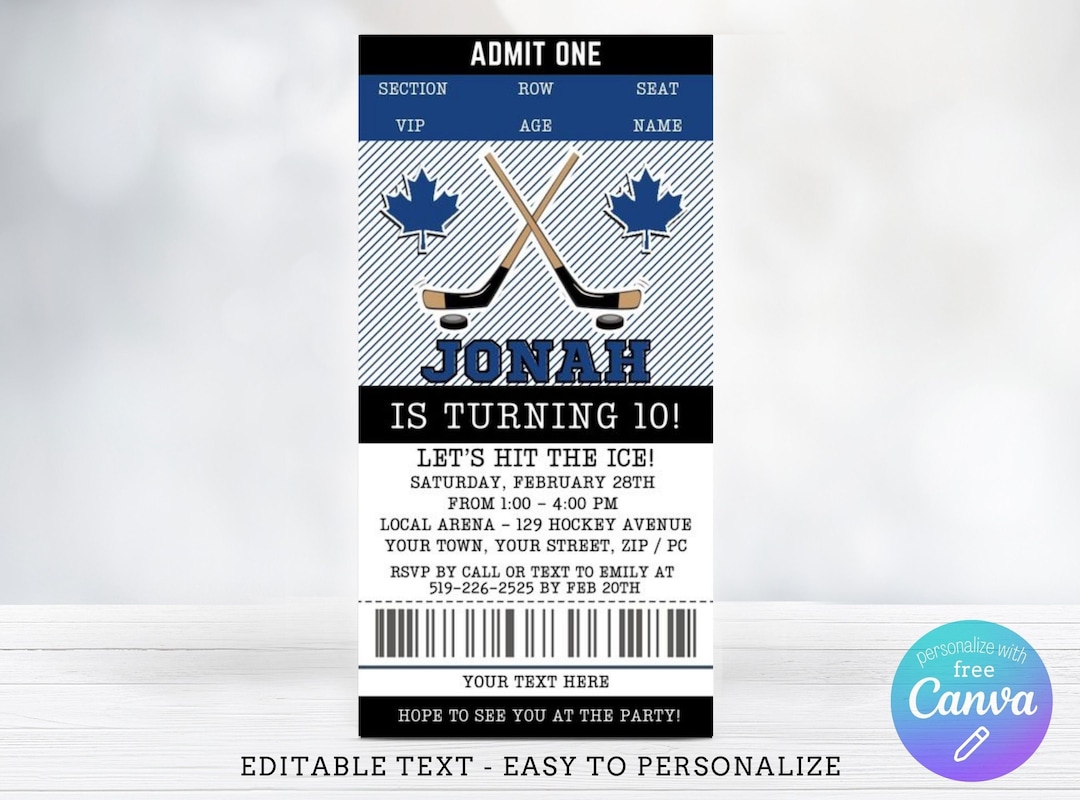 Editable Hockey Birthday Invitation Maple Leaf Hockey Ticket Invitation
