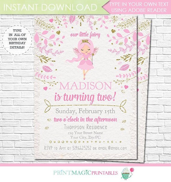 fairy birthday invitation fairy princess invitation pink fairy invitation instant download personalize in adobe reader at home personalized princess birthday invitations