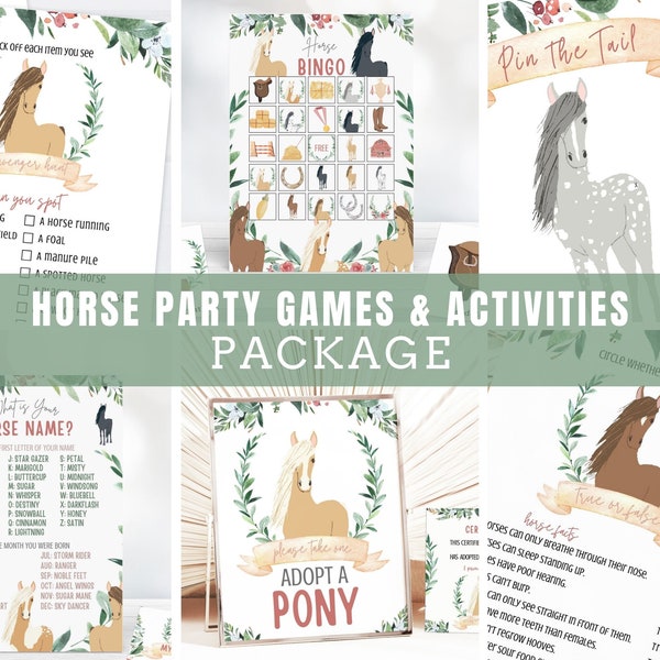 Horse Games & Activities Package - 6 Activities - Horse Birthday Games - Pony Party Games - Bingo, Pin the Tail, Scavenger Hunt and more