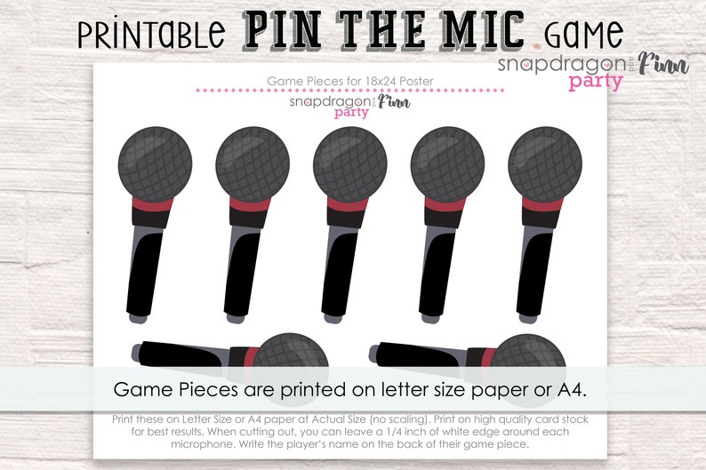 May include: Printable game pieces for a "Pin the Mic" game. Six black microphones with red accents are shown on a white background. The text "Game Pieces are printed on letter size paper or A4." is at the bottom of the image.
