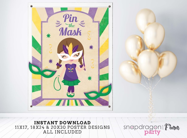 Pin the Mask Mardi Gras Printable Party Game 3 Sizes Included 4 Different Options Included Mardi Gras Game Mardi Gras Party image 1