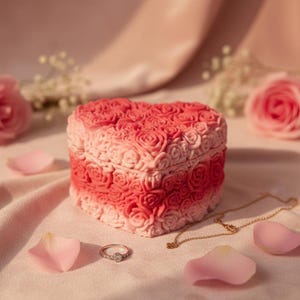 May include: A heart-shaped box covered in rose-shaped details, in shades of pink and red. A gold necklace and a ring with a diamond are next to the box. Pink rose petals are scattered around the items, with a soft pink background.