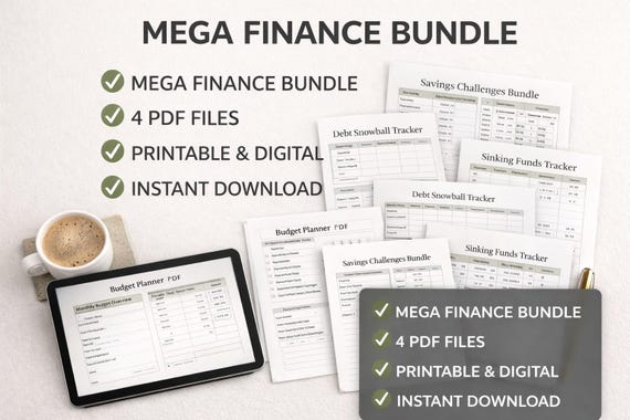 Mega Finance Bundle PDF | Budget Planner, Savings Challenges, Debt Snowball & Sinking Funds | Instant Download
