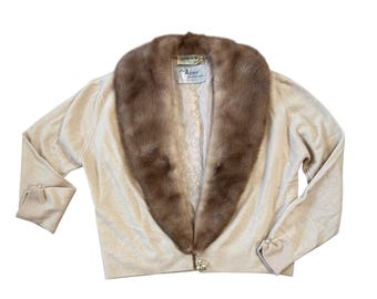 Vintage Cameron Classics Kaschmir Strickjacke Max Azen Nerz Pelzkragen Creme/Beige