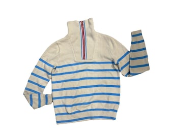 J Crew Sweater Women's XS Beige Blue Striped Half Zip Pullover Preppy Casual