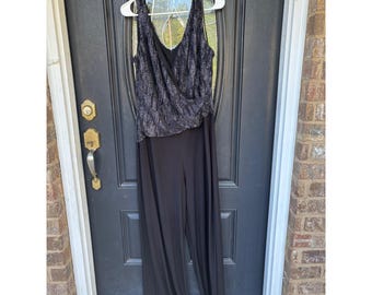 Tuta intera da donna Anne Klein nera, argento metallizzato, senza maniche, gamba larga, taglia 16, da sera