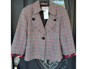 Blazer Shari B verde, rosso e nero con stampa pied de poule, polsini a volant, misto seta, taglia M, NUOVO