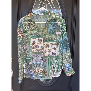 Zara Womens Small Green Blue Patchwork Floral Button Down Long Sleeve Blouse