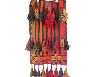 Vintage Handwoven Wool Kilim Wall Hanging Tribal Tassel Tapestry Red Orange