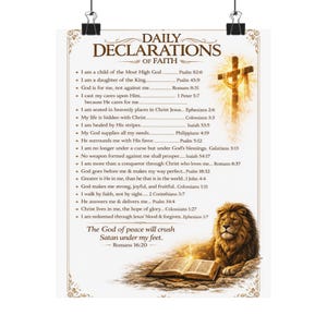 May include: A decorative poster with the text "Daily Declarations of Faith" and Bible verses. The image includes a golden cross, a lion, and an open book. The poster has a parchment-like appearance with decorative borders.