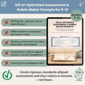 Pode incluir: Um tablet digital exibe "125 prompts de criação de rubricas e avaliações otimizadas por IA" para os graus 9-12. A imagem inclui texto sobre a criação de avaliações e rubricas, com uma marca de verificação verde e um robô.
