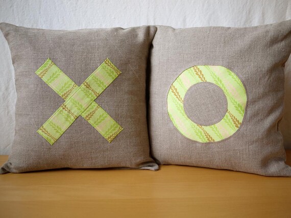 XO Appliqué Linen Pillow Cover Set - Cadence Print - 16"x16" - Valentine's Day Gift, Wedding Gift, Anniversary Gift