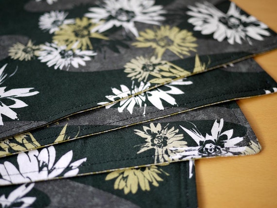 Cloth Placemats - Black Blossom Print - Set of 4 Cotton Placemats - Holiday Gift, Housewarming Gift, Wedding Gift, Hostess Gift