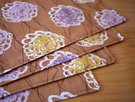 Cloth Placemats - Brown/Lavender Peony Print - Set of 4 Cotton Placemats - Mother's Day Gift, Housewarming Gift, Wedding Gift,
