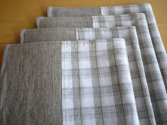 Linen Placemats Pieced with Repurposed Stone-White Plaid Shirting. Set of 4. One-of-a-Kind Handmade Linen-Cotton Placemats.
