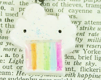 Glitter Rainbow Barfing Cloud Pendant, Whimsical Handmade Clay Pendant Necklace with Pastel Rainbow Colors