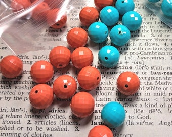 Vintage lucite beads, faceted beads, orange and turquoise bead supplies jewelry making