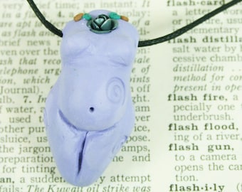 Purple Pregnant Goddess Pendant, Handmade Clay Goddess Necklace with Spiral Tattoo Design and Blue Rose