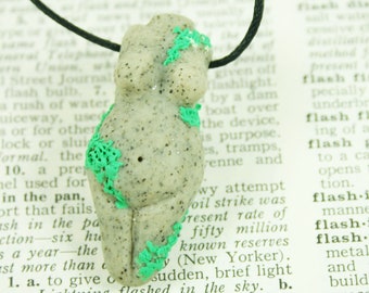 Stone Look Goddess Pendant with Green Mossy Accent, Handmade Clay Goddess Necklace