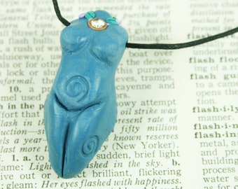 Blue Ocean Goddess, Crystal Goddess Handmade Clay Pendant Necklace with Spiral Tattoo Design