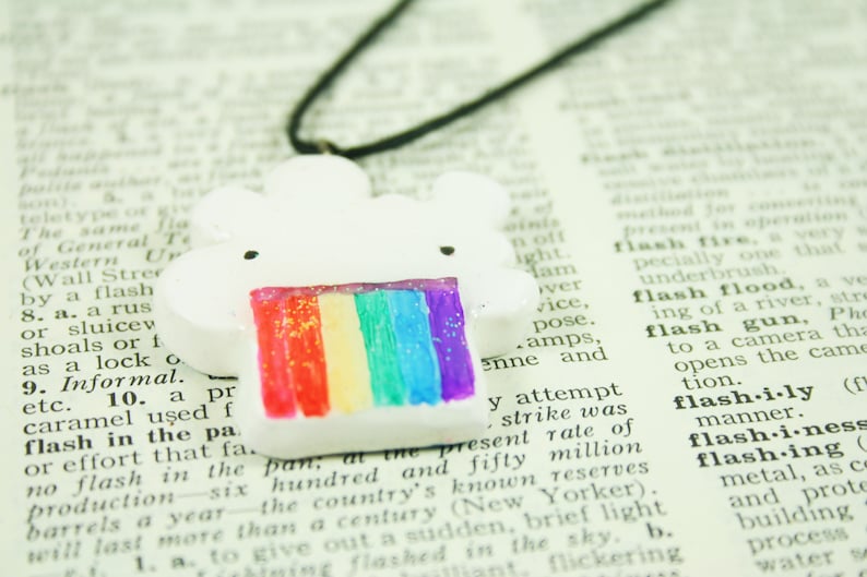 Whimsical Handmade Clay Pendant Necklace Glitter Rainbow Barfing Cloud Pendant