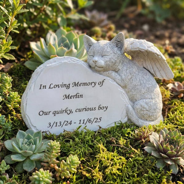 Piedra conmemorativa personalizada para gatos, marcador de tumba para mascotas con alas de ángel
