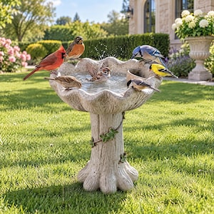 Puede incluir: Un baño para pájaros de piedra clara con un cuenco festoneado y una base con textura de corteza de árbol y pequeños detalles de hojas. Varios pájaros, incluyendo un cardenal rojo, una urraca azul y un jilguero, están posados en el borde o bañándose.