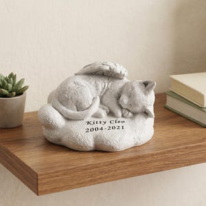 May include: A grey cat memorial statue with angel wings, sleeping peacefully on a cloud-like base. The text "Kitty Cleo 2004-2021" is inscribed on the base. A small potted succulent and two books are on a wooden shelf.