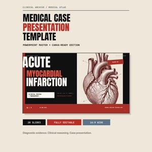 May include: A medical case presentation template featuring a black and red layout with an anatomical heart illustration. Text includes CLINICAL ARCHIVE, MEDICAL ATLAS, MEDICAL CASE PRESENTATION TEMPLATE, POWERPOINT MASTER, CANVA-READY, and ACUTE MYOCARDIAL INFARCTION.
