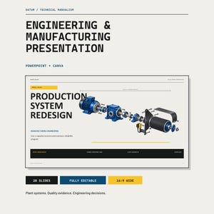 May include: A digital presentation template titled Engineering & Manufacturing Presentation, featuring a technical illustration of a blue industrial motor and conveyor system, with text including Production System Redesign and 28 slides.