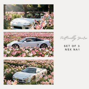 May include: Three images of white sports cars surrounded by pink and white lilies. The cars have a modern, streamlined design. The text "Poetically Yours" and "SET OF 3 NSX NA1" are also visible in the image.