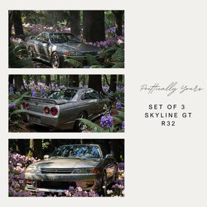 May include: A set of three silver Skyline GT R32 cars in a forest setting. The cars are surrounded by trees and purple flowers. The text "Poetically Yours" and "SET OF 3 SKYLINE GT R32" are also visible.