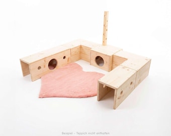 Sistema di tunnel in legno Flitzi per conigli | espandibile in modo modulare | mobili per conigli fatti a mano | accessori per labirinti per conigli