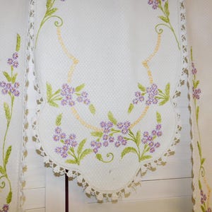 Vintage 3 Pc Embroidered Fabric Lilac Floral Hand Made Curtains Crochet Lace or Craft Repurpose