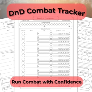 Könnte beinhalten: Ein schwarz-weißes D&D Combat Tracker-Blatt mit dem Text "DnD Combat Tracker" und "Run Combat with Confidence" in einem roten Banner. Das Blatt enthält Abschnitte für Initiative, HP, AC und Bedingungen.