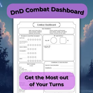 Może przedstawiać: Biały pulpit nawigacyjny D&D Combat z sekcjami dla przypomnień o turach, zasobach, HP i warunkach. Tekst "Get the Most out of Your Turns" jest wyświetlany na dole. Tło przedstawia zachmurzone niebo i drzewa.